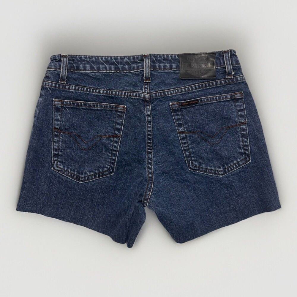 Harley-Davidson Y2K Biker Cut Off Denim Shorts Dark Wash Raw Hem Size 10
